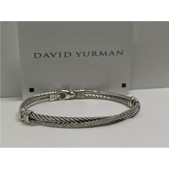 David Yurman Sterling Silver 925 White Diamond Crossover Bracelet Size Medium - Picture 4 of 7